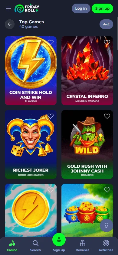 Fridayroll Casino game catalogue on a mobile device
