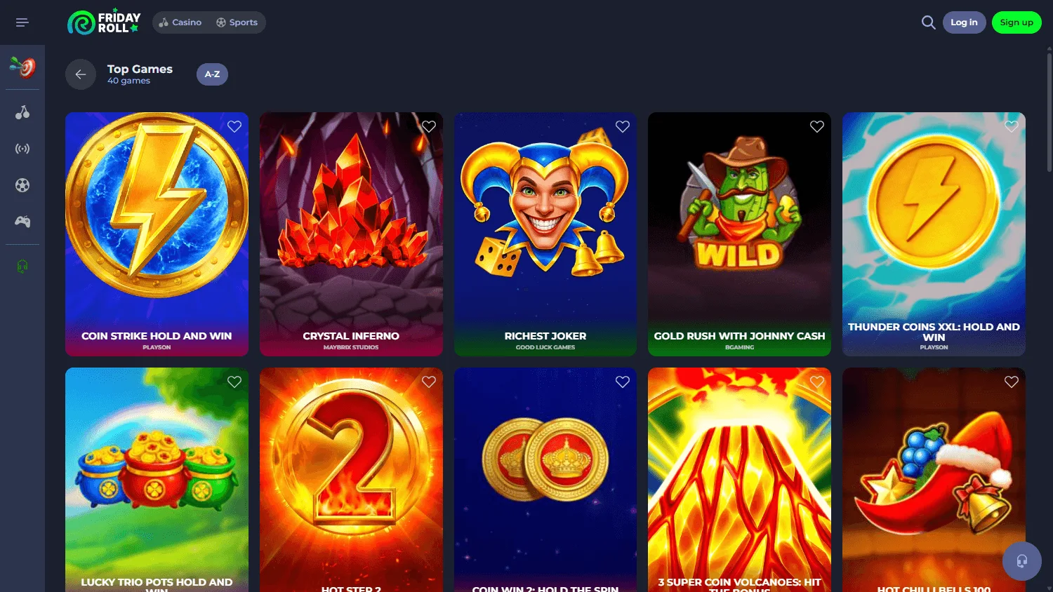 Fridayroll Casino game catalogue on desktop