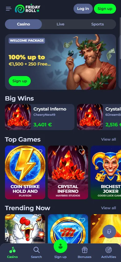 Fridayroll Casino home experience on a mobile device