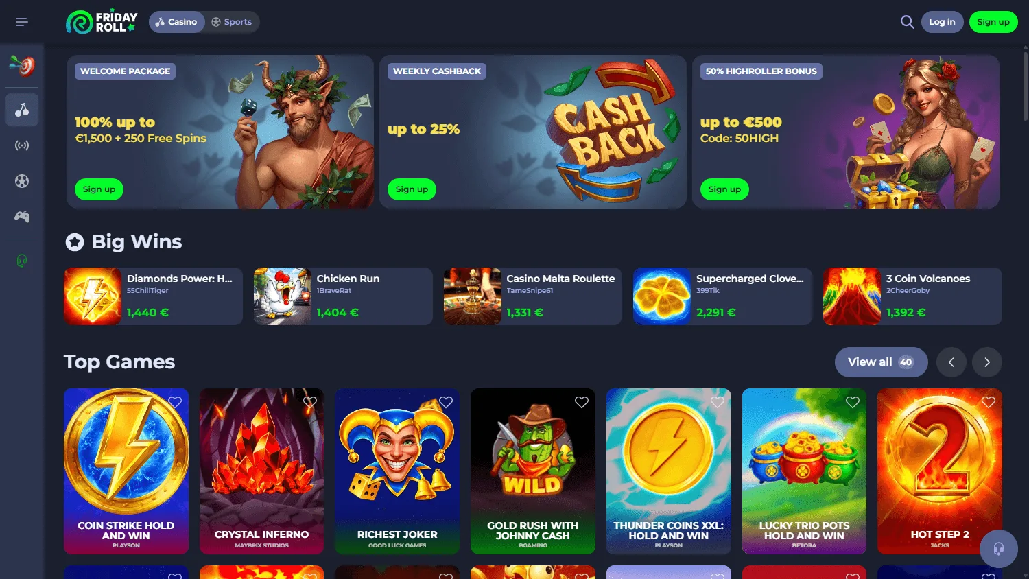 Fridayroll Casino home experience on desktop