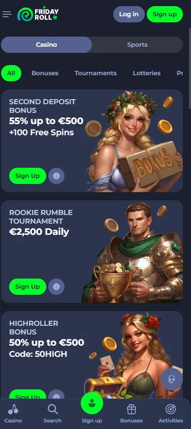 Fridayroll Casino promotions on a mobile device